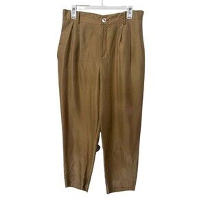 Vince Pleated 100% Silk Crop Trousers Womens Size 10 Gold Pants Zip Fly